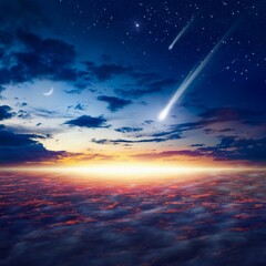 Amazing heavenly image with beautiful glowing sunset, shooting stars, rising crescent moon and bright stars