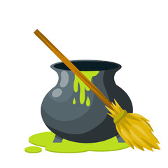 Cauldron of magic potion. Green elixir of witches. Halloween decoration element. Liquid and pot. Cartoon flat illustration. Wooden Broom