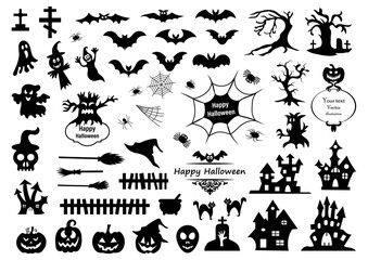 Set of silhouettes of Halloween on a white background. Vector illustration
