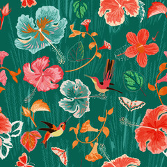 Bright color hummingbird and Hibiscus floral design. This is a vector repeat pattern, very bright and happy color scheme for your projects.