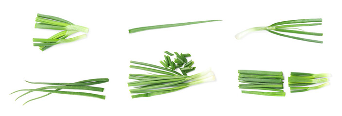 Collage with green spring onions on white background, top view. Banner design