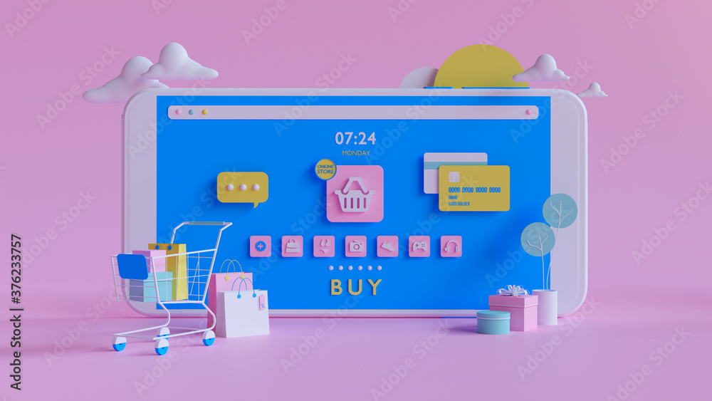 Wall mural shopping on-line online store on website mobile application 3d rendering.