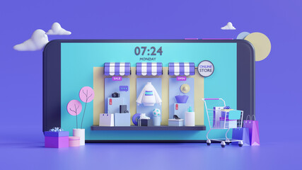 Shopping on-line online store on website mobile application 3d rendering.