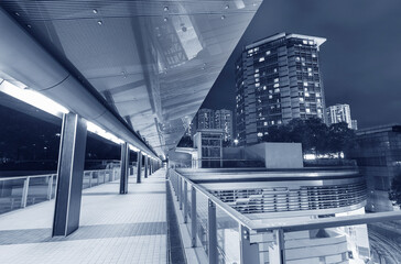 Obraz premium Modern pedestrian walkway in midtown of Hong Kong city at night