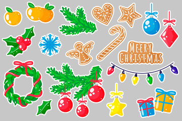 Set of vector cartoon illustrations stickers with New Year and Christmas decorations