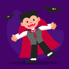 little cute cartoon Dracula kid with bat flying around. Young boy smiling with a vampire costume. Vector flat graphic illustration for Halloween.