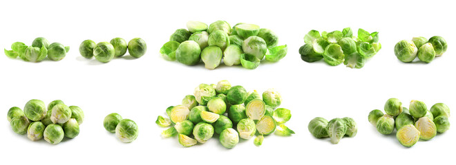 Set of fresh Brussels sprouts on white background. Banner design