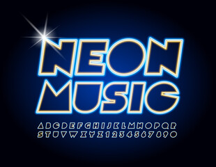 Vector creative sign Neon Music. Electric abstract Font. Illuminated led Alphabet Letters and Numbers