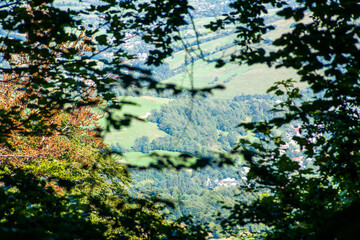 height through trees. view of a mountain village from the top of the mountain