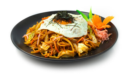 Yakisoba ontop Fried Egg is a classic Japanese stir fried noodles dish with pork and vegetables