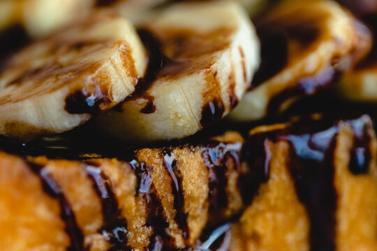 Close up Toast chocolate banana page.