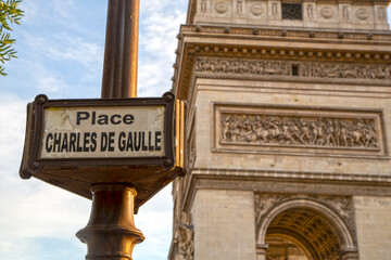 Charles de Gaulle square sign with the Arc de Triomphe (Triumphal Arch) of Paris in the background