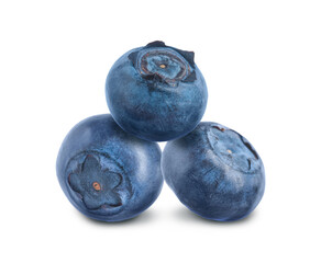 Three whole ripe blueberries on white background
