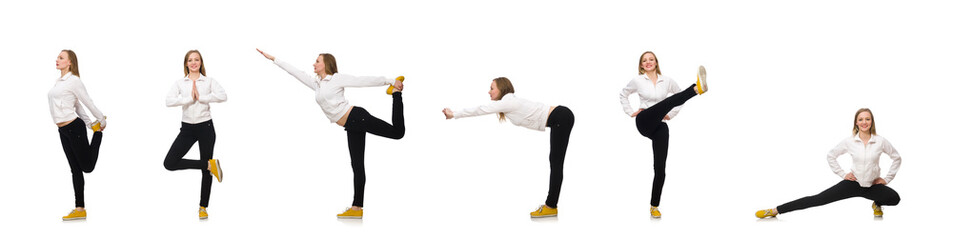 Woman doing exercises isolated on white