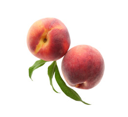 Delicious ripe juicy peaches with leaves isolated on white, top view
