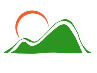 シルエットデザイン風　背景素材　緩やかな山とお日様（白背景）