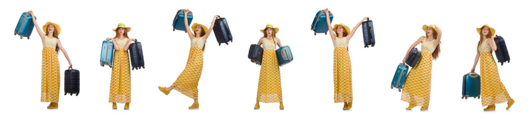 Woman ready for summer travel isolated on white