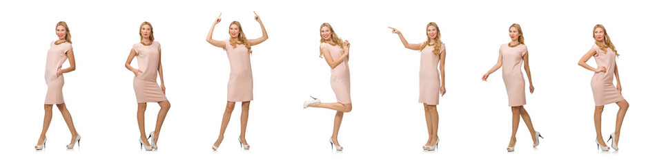 Beautiful lady in pink dress isolated on white