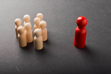 Business & HR global wood puzzle concept for leadership and team with peg doll. Selective focus.
