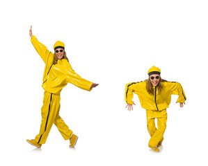 Woman in yellow suit isolated on white