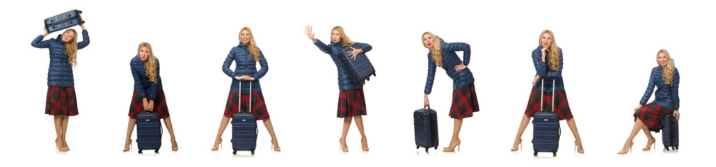 Pretty female model in blue jacket isolated on white