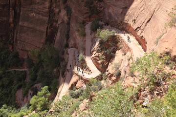 Aerial view of People walking on the Trail to Angels landing of Zion National Park, Utah, USA