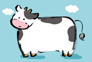 2021年年賀状テンプレート　手描きの牛のコピースペースありのイラスト