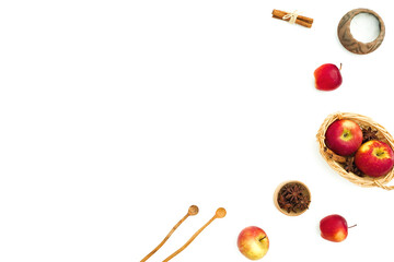Naklejka na ściany i meble Autumnal composition of apple, sugar, cinnamon and acorns on white background. Flat lay