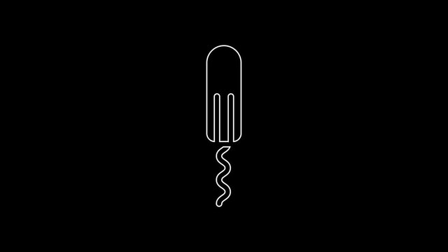 White line Menstruation and sanitary tampon icon isolated on black background. Feminine hygiene product. 4K Video motion graphic animation.