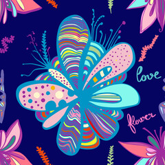 Floral vector seamless pattern of bright colorful flowers in cute retro style
