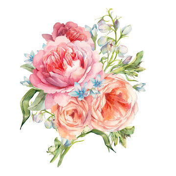 Watercolor bouquet of flowers. Hand painted colorful floral composition isolated on white background. Vintage style peony, roses posy