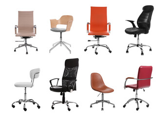 Set of different office chairs on white background