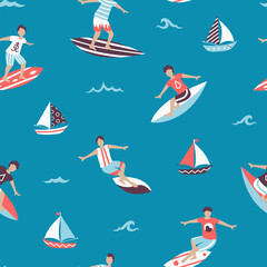Surfers on surfboards sea seamless pattern on blue background