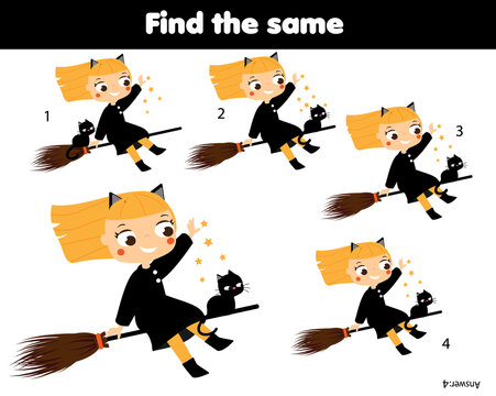 children educational game. Find same pictures. Find two identical witch. halloween fun for kids and toddlers