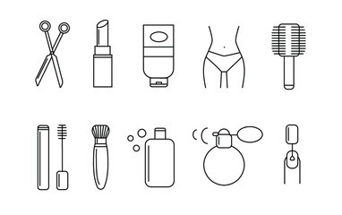 Vector beauty icons collection. Black line icons.Beauty cosmetic minimalistic line outline icon  symbol set. 