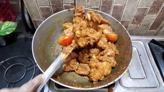 Preparing mutton kasha meaning mutton curry or spicy mutton gravy in pure Indian style