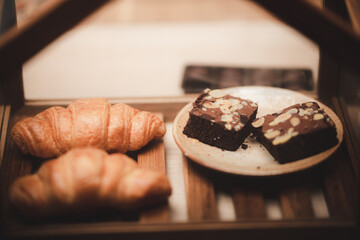 Bread and dessert placed in the coffee cafe