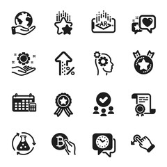 Set of Technology icons, such as Increasing percent, Heart. Certificate, approved group, save planet. Bitcoin pay, Employee hand, Ranking star. Drag drop, Calendar, Chemistry experiment. Vector