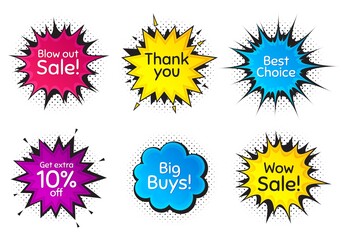 Wow sale, 10% discount and best choice. Comic speech bubble. Thank you, hi and yeah phrases. Sale shopping text. Chat messages with phrases. Colorful texting comic speech bubble. Vector
