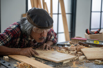 Wood crafting product made by professional  carpenter. Using material tools to make wooden furniture at workshop
