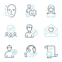 Hospital nurse, Engineer and Love letter line icons set. Diploma certificate, save planet, group of people. Communication, Edit person and Face search signs. Vector