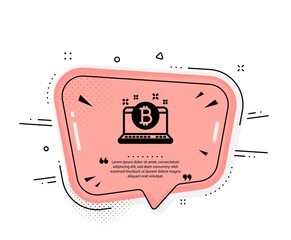 Bitcoin icon. Quote speech bubble. Cryptocurrency coin sign. Crypto laptop symbol. Quotation marks. Classic bitcoin icon. Vector