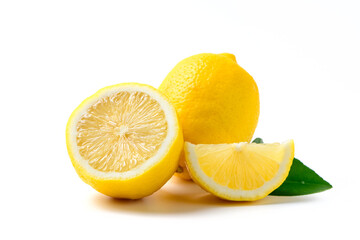Fresh lemon with leaf isolated on white background,