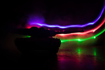 Azeri army concept. Silhouette of armed soldiers against Azerbaijani flag. Creative artwork decoration. Military silhouettes fighting scene dark toned foggy background.