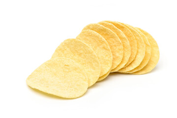 Row of Crispy potato chips snack flat cut isolated on white background.