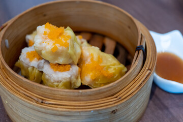 Shrimp Dumpling in bamboo basket.