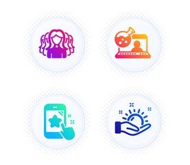 Star rating, Online chemistry and Women group icons simple set. Button with halftone dots. Sunny weather sign. Phone feedback, Lab flask, Lady service. Hold sun. People set. Vector