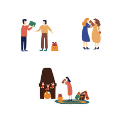 A set of people preparing for the winter holidays. Dress up the Christmas tree and prepare gifts, give gifts to each other. Men and women decorate the Christmas tree, prepare gifts by the fireplace