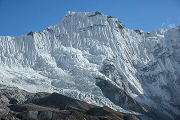 Zooming in on the snowy ridges of Ombigaichan during an acclimatization trip above Chukhung.