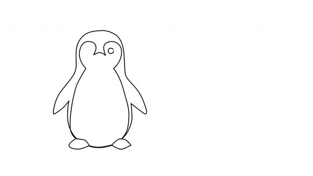 Self drawing animation of penguin, wild bird. White background. Copy space.